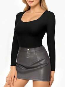 GEREARC Womens Scoop Neck Long Sleeve Tops Low Cut Basic Slim Fit Tee Tshirt - 黑色 - 查看 3