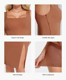 Popilush Leather Dress With Built In Shapewear Square Neck Slit Midi Dresses Faux Leather Concert Club Outfits For Women - màu nâu - Xem 4