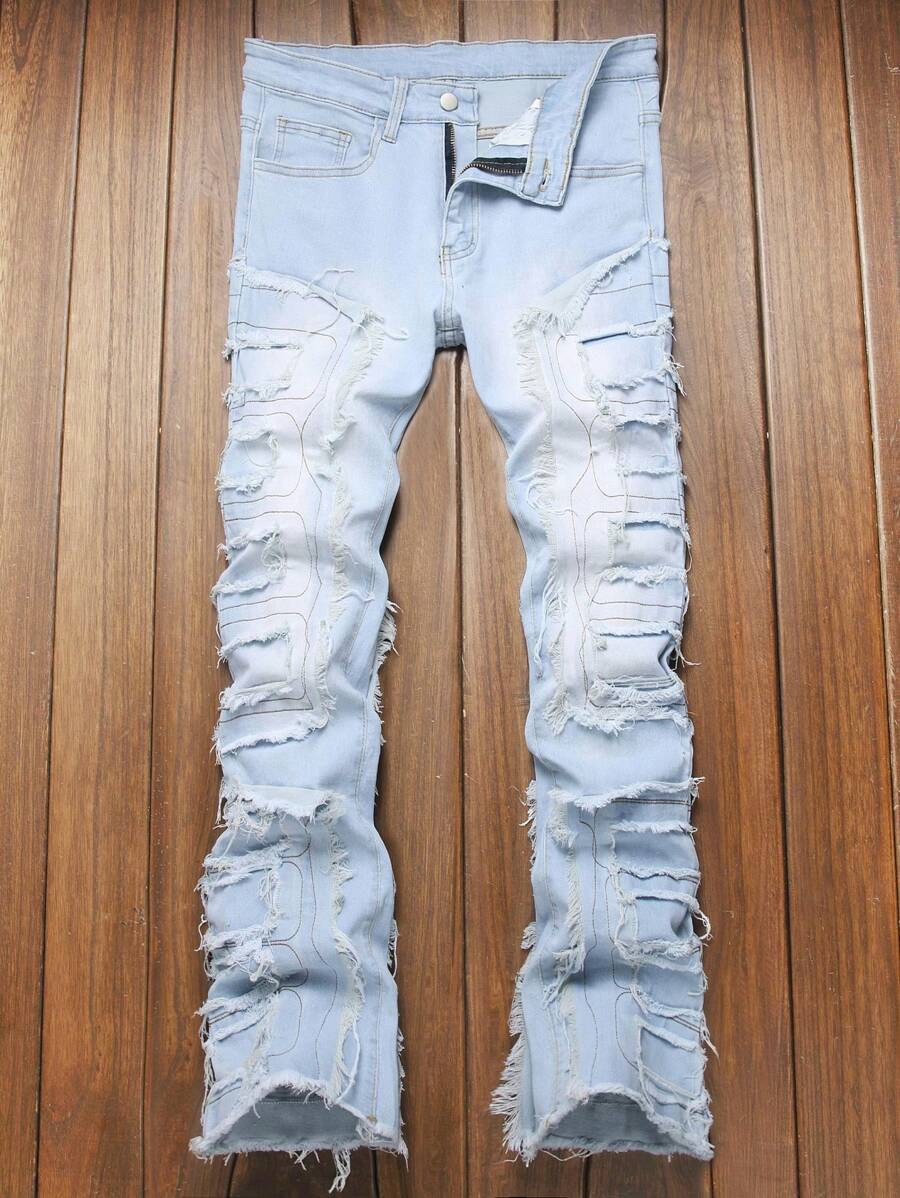 Men's Slim Fit Distressed Light Blue Washed Denim Jeans