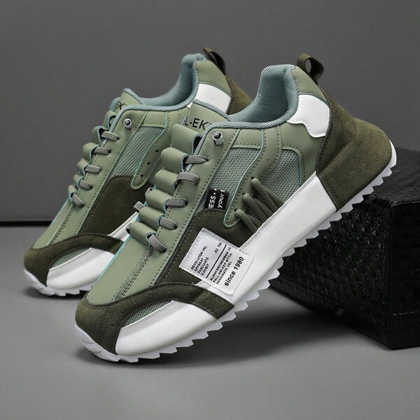1 Pair Men's Casual Sneakers, Lace-Up Letter Pattern PU Low-Top Outdoor Versatile Skate Shoes, Breathable Hiking Shoes