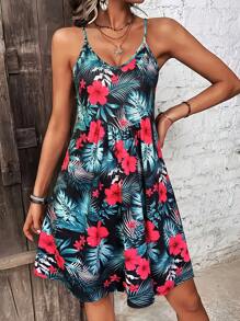 Tenues d'été pour femmes, nouvelle robe camisole à encolure en V imprimée tropicale pour les tenues de vacances, robes bohémiennes pour femmes en été