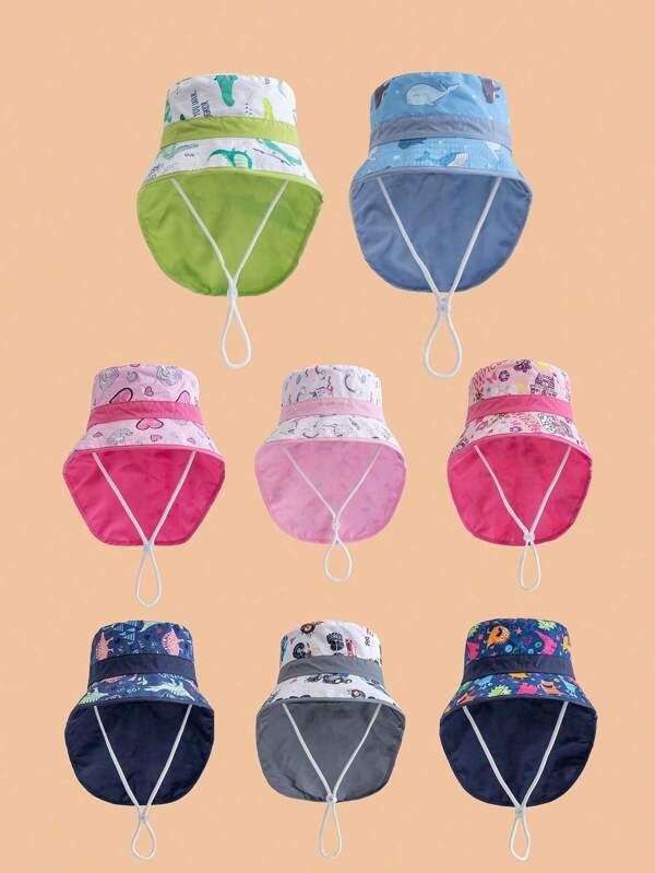 1 pieza Sombrero tipo cubo con protección para el cuello para niños, estampado de unicornio y corazón, liviano y transpirable, con opciones de multicolor, apto para actividades al aire libre y protección solar