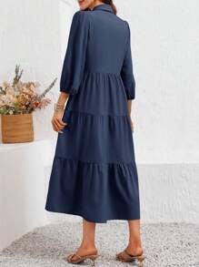 2026 Popular Fall Maxi Shirt Dress V Neck Vestidos Elegantes De Mujer Button Down 3/4 Sleeve Tiered Collared Flowy Design - 藏蓝色 - 查看 3