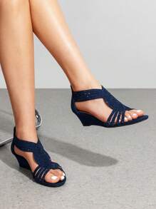 Women's Wedge Sandals Open Toe Rhinestone Fashion Comfortable For Party Wedding Dress Summer Shoes - 藏蓝色 - 查看 3