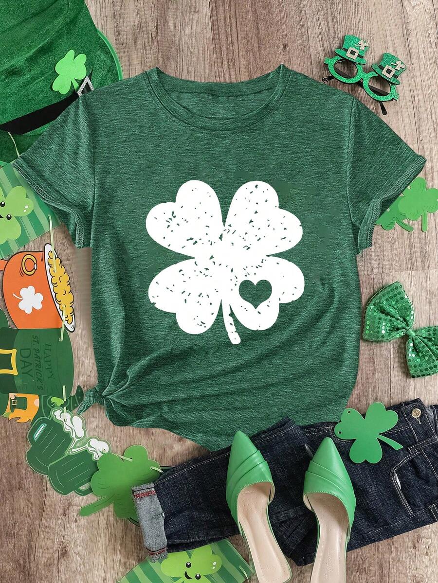 圣帕特里克节爱尔兰风情服饰，三叶草主题礼物，女士三叶草爱心印花T恤，绿色三叶草圣帕特里克节图案T恤，可爱图案T恤，中国新年，农历新年，马年，新年快乐，情人节，情人节礼物，送她的礼物，返校服装，校园穿搭灵感，返校必备单品，开学第一天穿搭，2026返校穿搭 - 綠色 - 查看 1