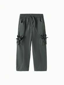 Balabala Tween Girl Drawstring Waist Pocket Design Loose Comfortable Casual Long Pants - Medium Gray - View 2