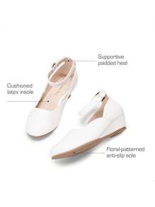 Girls Wedding Shoes | Dress Flats With Low Wedge Heel & Flower Ankle Strap For Toddler To Big Kid - trắng - Xem 6