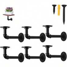 6 - Piece Set Of Industrial - Style Pipe Shelf Brackets: All - Metal, Rustic Design For Custom Wood Floating Shelves - Wall - Mounted With Screws Included - Variant1 - View 2