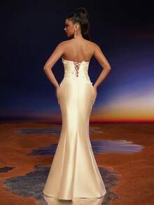 Anymoon 3D Hand Floral Ruffle Trim Mermaid Bridesmaid Dress - Yellow - View 2