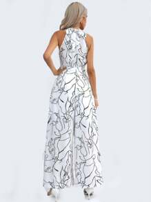 Elegant Sleeveless Party Palazzo Jumper, Wide Leg Printed Jumpsuit, Women's Elegant Sleeveless High Waisted Jumpsuit - 彩色 - 查看 8