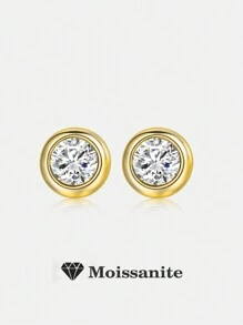 2pcs 925 Silver 1ct Moissanite Round Stud Earrings, Stylish Minimalist Design Suitable For Women's Daily Wear, Party, Holiday, Valentine's Day, Mother's Day, Birthday, Jewelry Gift - Yellow Gold - View 1