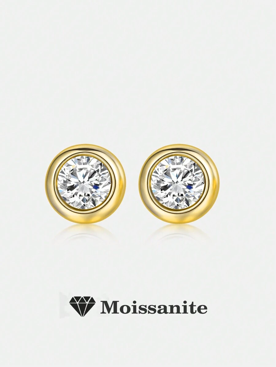 2pcs 925 Silver 1ct Moissanite Round Stud Earrings, Stylish Minimalist Design Suitable For Women's Daily Wear, Party, Holiday, Valentine's Day, Mother's Day, Birthday, Jewelry Gift - Yellow Gold - View 1