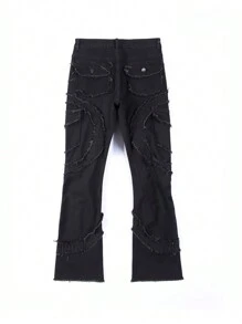 Men's Pocket, Frayed Hem Stretch Skinny Flared Jeans - Black - View 7