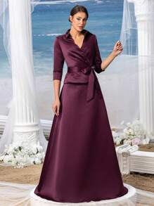 Faeriesty Mosy Elegant Solid 3/4 Sleeves Satin Two Pieces Set Evening Gown Mother Of The Bride Dress - Burgundy - View 8