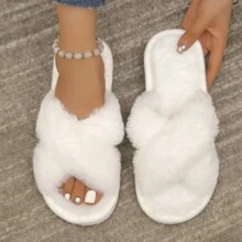 Fall/Winter Women Cross Strap Fluffy Bedroom Slippers, Fabric Fashion Slippers White - White - View 5
