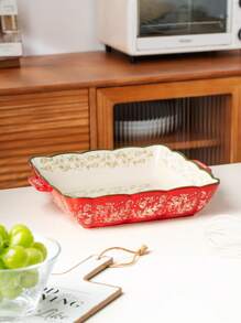 Assadeira quadrada de cerâmica pintada à mão com padrão floral vintage vermelho e alças, utensílios de cozinha para salada, grelhados, assados, sobremesas e pizzas, adequada para forno e micro-ondas