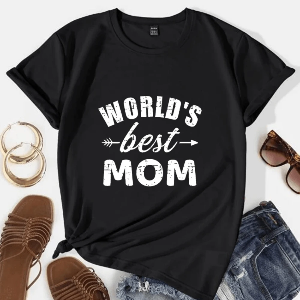 World S Best Mom Mother S Day Letter Graphic Polyester Breathable Tee Shirt Crew Neck Casual T Shirt - Black - View 1