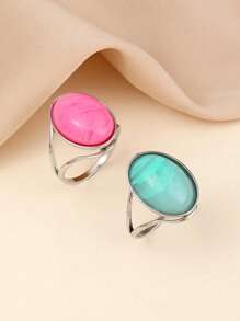 2 件不锈钢金黄色戒指，镶嵌浅蓝色和粉红色大宝石，夸张的女士装饰