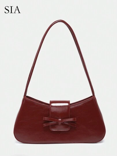 1 件复古简约芭蕾风格蝴蝶结豹纹外露衬里黄色波尔卡圆点安哥拉装饰单肩法棍包，适合约会、郊游、派对、情人节