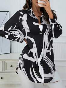 Bluse eleganti e casual da donna, camicie a maniche lunghe con stampa floreale, top allentati con collo sexy, maglie di moda - nero - Visualizzare 5