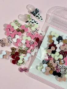 50 piezas/bolsa Decoración de uñas 3D con estampado de leopardo y lazo, accesorios planos y coloridos de lazo para uñas, mezcla kawaii de colores rosa, blanco, amarillo claro, rosa claro, marrón rojo, café y negro para joyería de uñas DIY, suministros de arte de uñas, gemas de uñas DIY profesionales