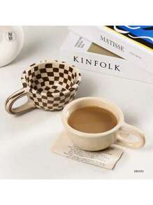 1pc 200ml Coffee Mug Ceramic Coffee Cups Brown Plaid Pattern Water Cups Summer Drinkware Kitchen Stuff Home Kitchenware Gifts