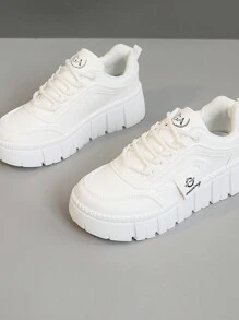 新款春秋女鞋时尚透气学生厚底拼布运动鞋休闲百搭纯白鞋 - 白色 - 查看 5