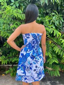 Short Strapless Dress With Elastic Gathering On The Bust - 寶藍色 - 查看 2