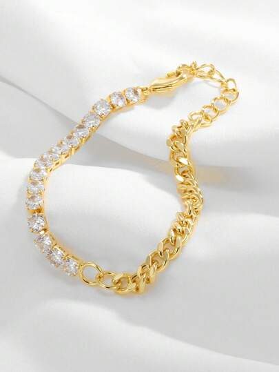 Charm-In 1 pulseira elegante de zircônia, pulseira de latão banhado a ouro com pedras de zircônia brilhantes, joias femininas, adequada para festas e casamentos, presente para mãe, presente de Dia dos Namorados