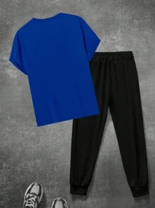 Men Star Slogan English Print Casual Daily Wear Short Sleeve T-Shirt And Pants Set - Blue - View 3
