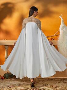 AmazingHoney 优雅的白色长袖卡夫坦连衣裙，配有重珠饰，奢华的女士长袍，朴素的连衣裙，阿拉伯女士连衣裙