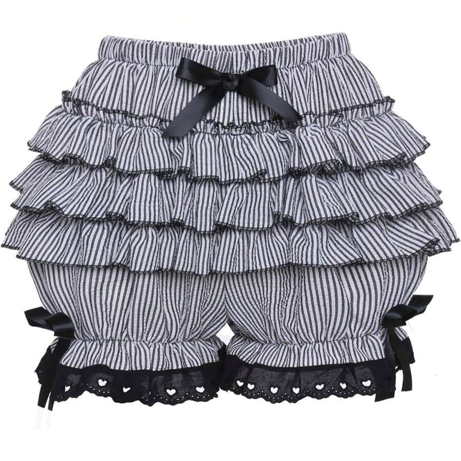 Womens Lolita Bloomers Ruffles Pumpkin Pants Bottom Shorts Lace Trim Layered High Waist Shorts Pettipants - 黑色 - 查看 1