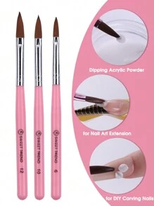 3PCS Acrylic Nail Brush Set 6/10/12 Size Acrylic Brushes For Acrylic Powder Application Nail Art Extension And DIY Carving Manicure Nail Art Tools
