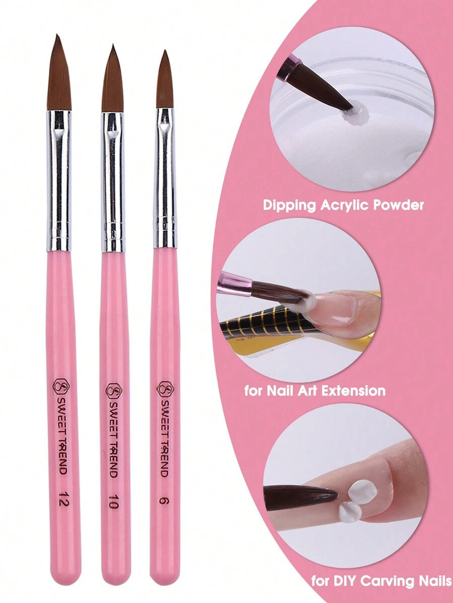 3PCS Acrylic Nail Brush Set 6/10/12 Size Acrylic Brushes For Acrylic Powder Application Nail Art Extension And DIY Carving Manicure Nail Art Tools