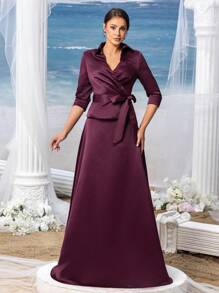 Faeriesty Mosy Elegant Solid 3/4 Sleeves Satin Two Pieces Set Evening Gown Mother Of The Bride Dress - Burgundy - View 2