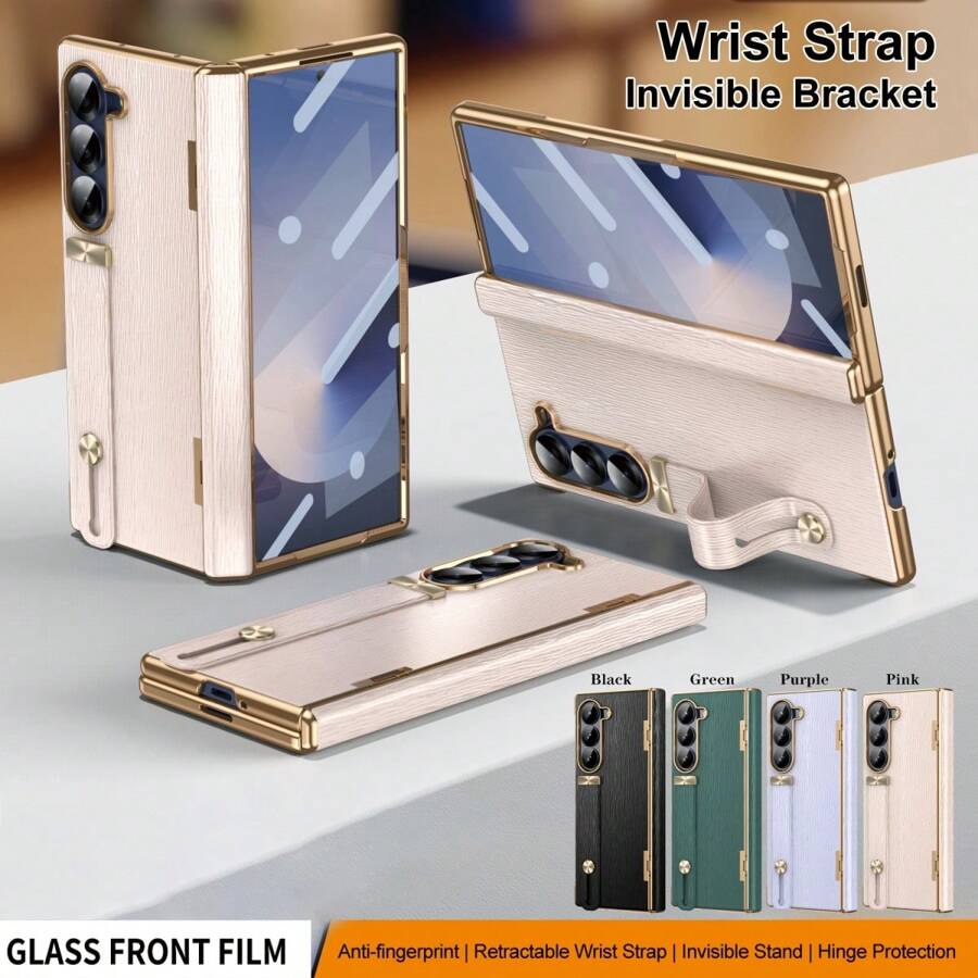 1 件多色钢化玻璃膜条纹腕带可扩展支架握把带电镀 PC 框架皮革 + 金属环枢轴弹性铰链集成隐形支架防滑纹理亲肤防油防指纹保护壳兼容 Galaxy Z Fold 6/Z Fold 5/Z Fold 4/Z Fold 3