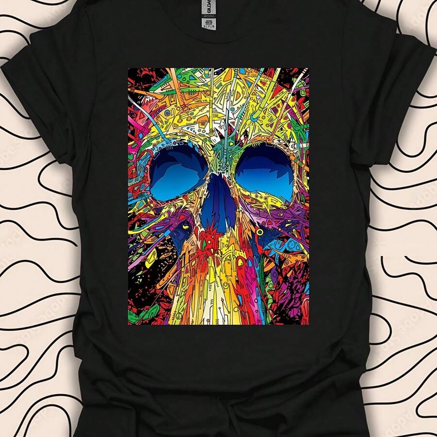 Colorful Skull T-Shirt – Vibrant Graphic Print –  Artistic Design Gift Uni Men Women Shirt 616PC - 黑色 - 查看 1
