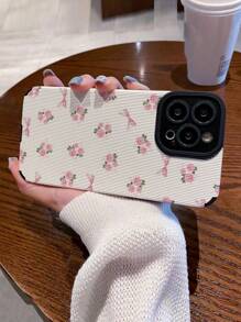 Flower Phone Case 1pc Pink Heart-Shaped Rose Bow Vertical Stripe Faux Leather Pattern Shockproof Anti-Fingerprint Soft Phone Case Compatible With Iphone & Models - Multicolor - View 4