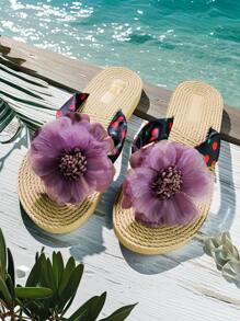 Sandalias de chanclas con estampado de flores para mujer, sandalias de verano tipo chancla para dama, sandalias planas casuales - Morado - Ver 4