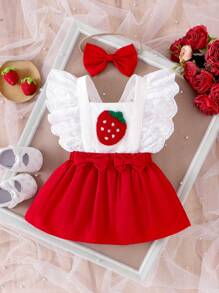 2pcs Baby Girl Sweet Cute Strawberry Embroidery Backless Sleeveless Dress With Bowknot & Headband Set, Summer - Red - View 1