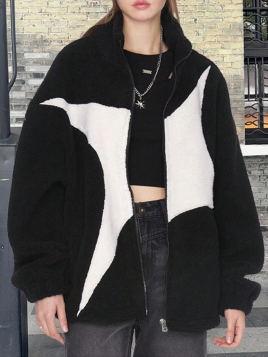 Chaqueta de tela polar con contraste de color negro y blanco para mujer, de estilo casual - Negro - Ver 1
