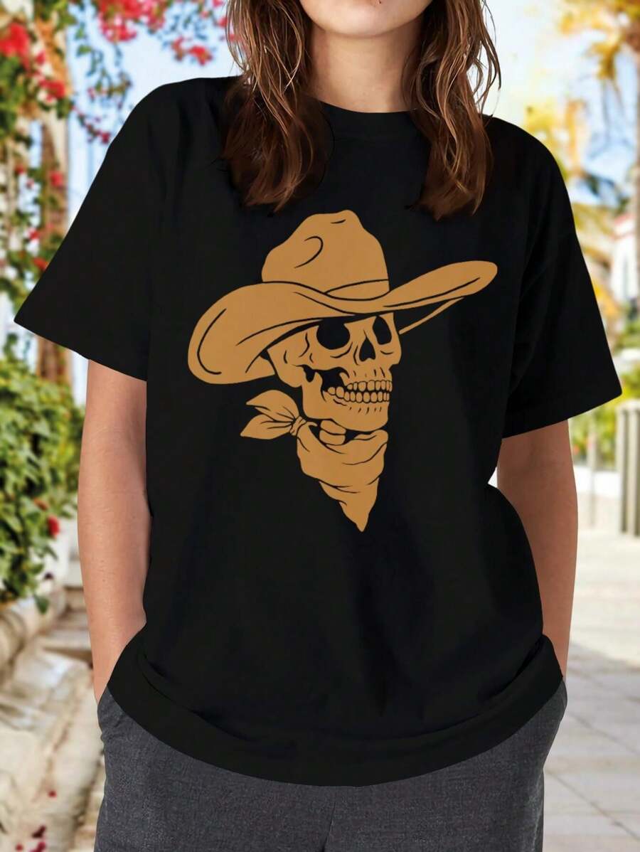 Skeleton Cowboy - Golden Version With Bandana Cowboy Hat Playful Skeleton Skull Spooky Stylized Vintage Western For Women's Women T-Women's Shirt - Black - View 1