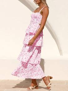 Women's Spaghetti Strap Sleeveless Ruffle Tiered Floral Maxi Dress For A Summer Romance - 粉色 - 查看 3