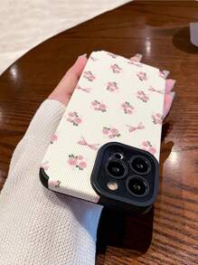 Flower Phone Case 1pc Pink Heart-Shaped Rose Bow Vertical Stripe Faux Leather Pattern Shockproof Anti-Fingerprint Soft Phone Case Compatible With Iphone & Models - Multicolor - View 5