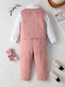 Bộ 3 trang phục trang trọng cho bé trai: Áo sơ mi dài tay + Áo vest + Quần dài + Nơ, Bộ vest quý ông cho tiệc, tiệc sinh nhật, đám cưới, người dẫn chương trình - Bụi hồng - Xem 2