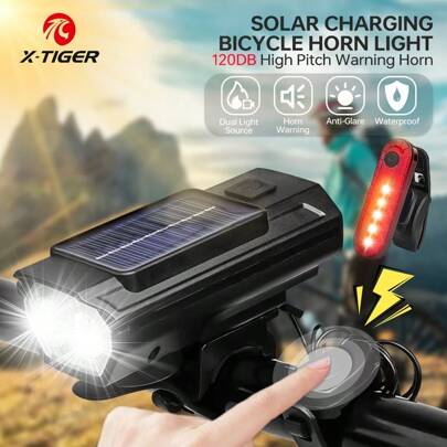 Solar Powered Bicycle Light Set With Horn, 120dB, Rechargeable, Mountain Bike/Road Bike Front Light/Flashlight/Tail Light