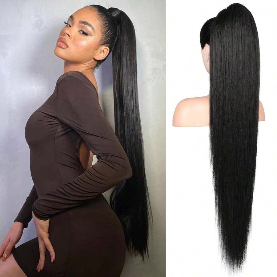 Ponytail Human Hair Wrap Around Clip In Hair Piece Ponytail Extension Human Hair Straight Human Hair Ponytail Extensions With Magic Paste Natural Black