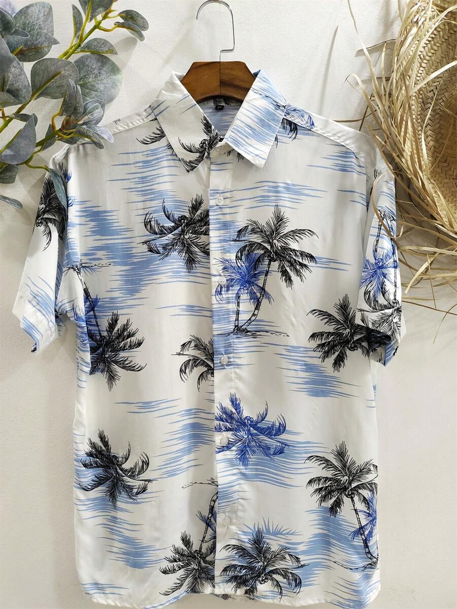 Floral Hawaiian Beach Shirt Summer Men's Short Sleeve Button Down 100% Viscose Fabric Shrinks A Little - 藍白色 - 查看 1