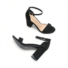 Women Ankle Strap Chunky Heeled Pump Sandals Comfortable Open Toe Classic Heeled Sandals For Party, Wedding, Prom, Valentine's Day - 黑色/麂皮 - 查看 6