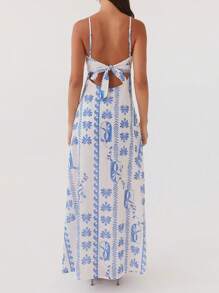 Womens Summer Long Dress Sleeveless Spaghetti Strap Tie-Up Front Loose Dress Back Cutout Dress - Màu xanh lam - Xem 8